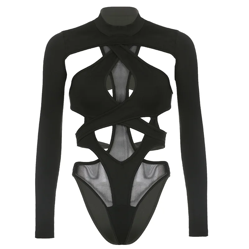 Jumpsuits Sexy Women's Clothing Cross Hollow Design Backless Strap Tight Solid Color High Collar Long Sleeve Jumpsuit