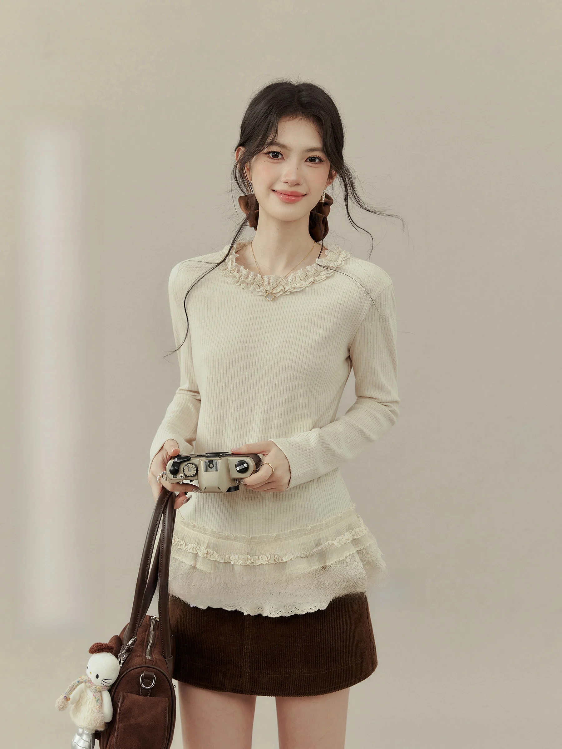 

Long Sve round Ne T-irt Lace Trim Splice Base Layer Inner Wear for plus Size Women Comfortable Commute Sle Korean Fa...