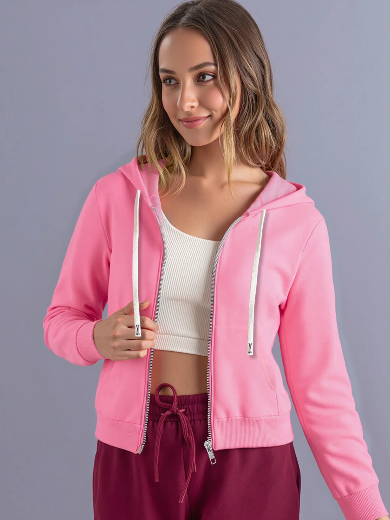 Gym Wear Women Solid Cropped Zip Hoodie Long Sleeve Drawstring Sweatshirt Casual Workout Layer Outer Jacket