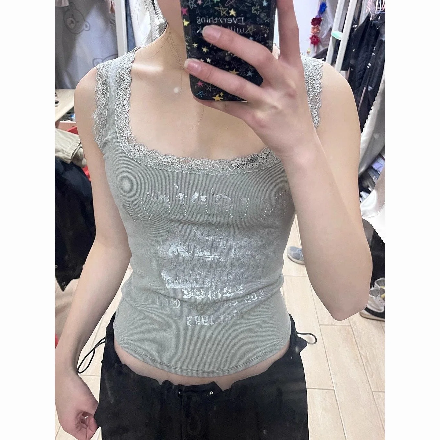 Kimotimo Vest Women Y2k Aesthetic Lace Patchwork Letter Print Camisole Tanks Summer Sexy Outwear Spicy Girl Sleeveless Crop Top