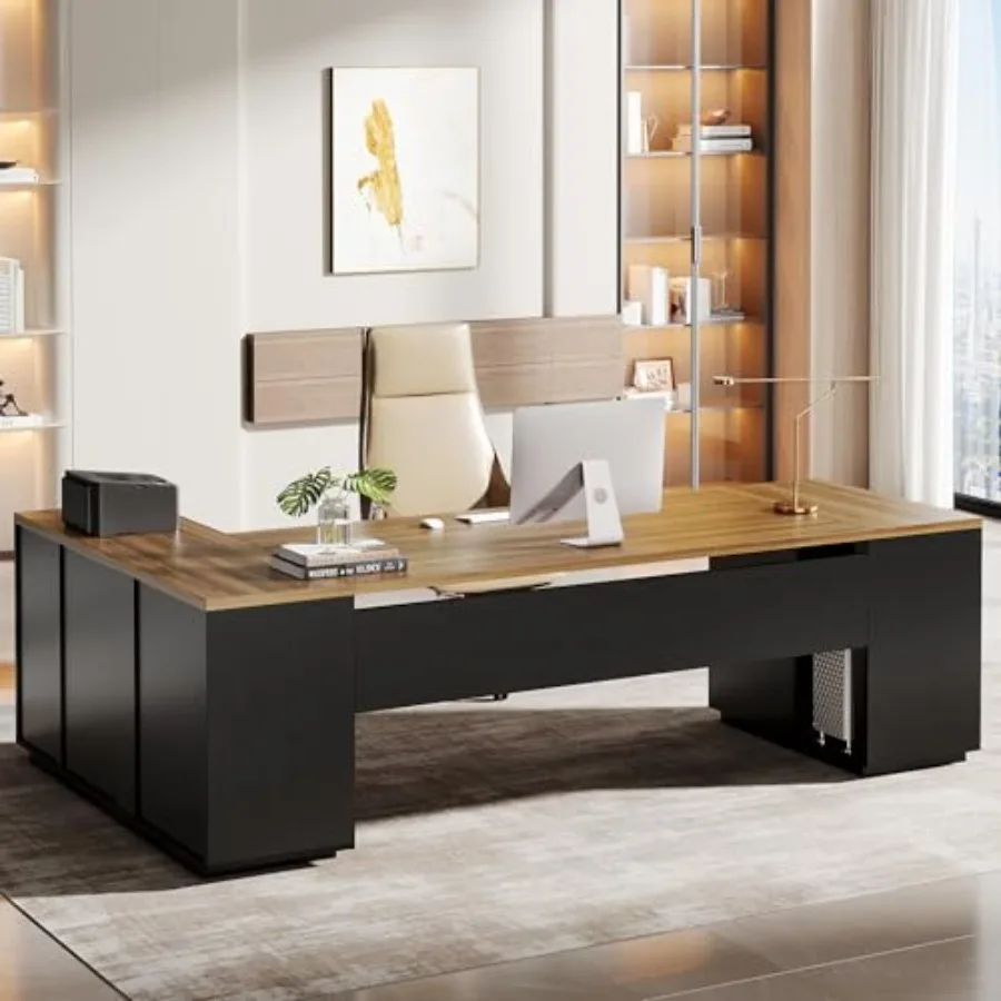 

85.8-Inch L-Shaped Executive Desk, Extra Large Modern Office Desk with File Drawers, Door Cabinet and Shelves, Commercial Offic