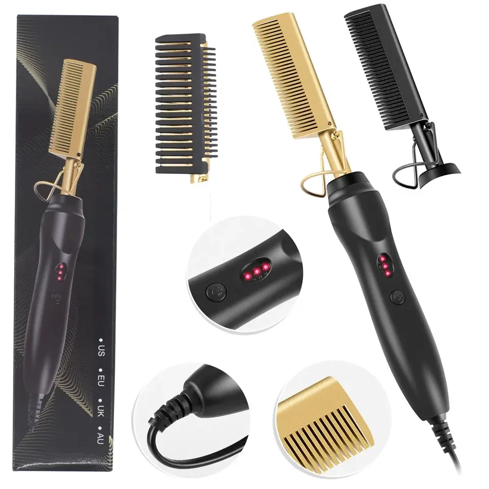 Hair Straightener Comb 2 IN 1 Copper Metal Hot Hair Comb Home Beauty Salon DIY Fast Heating Curling Iron Copper Comb Electric