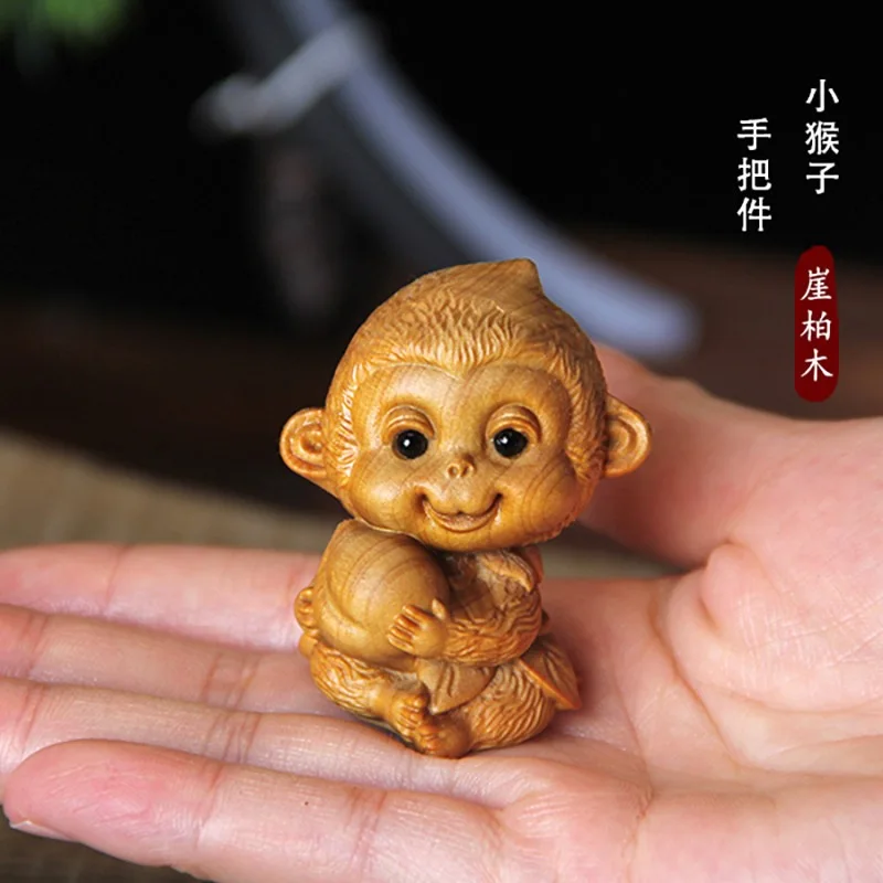 Cypress wood zodiac monkey hand handle piece solid wood little monkey wood carving animal small ornament Wenwan