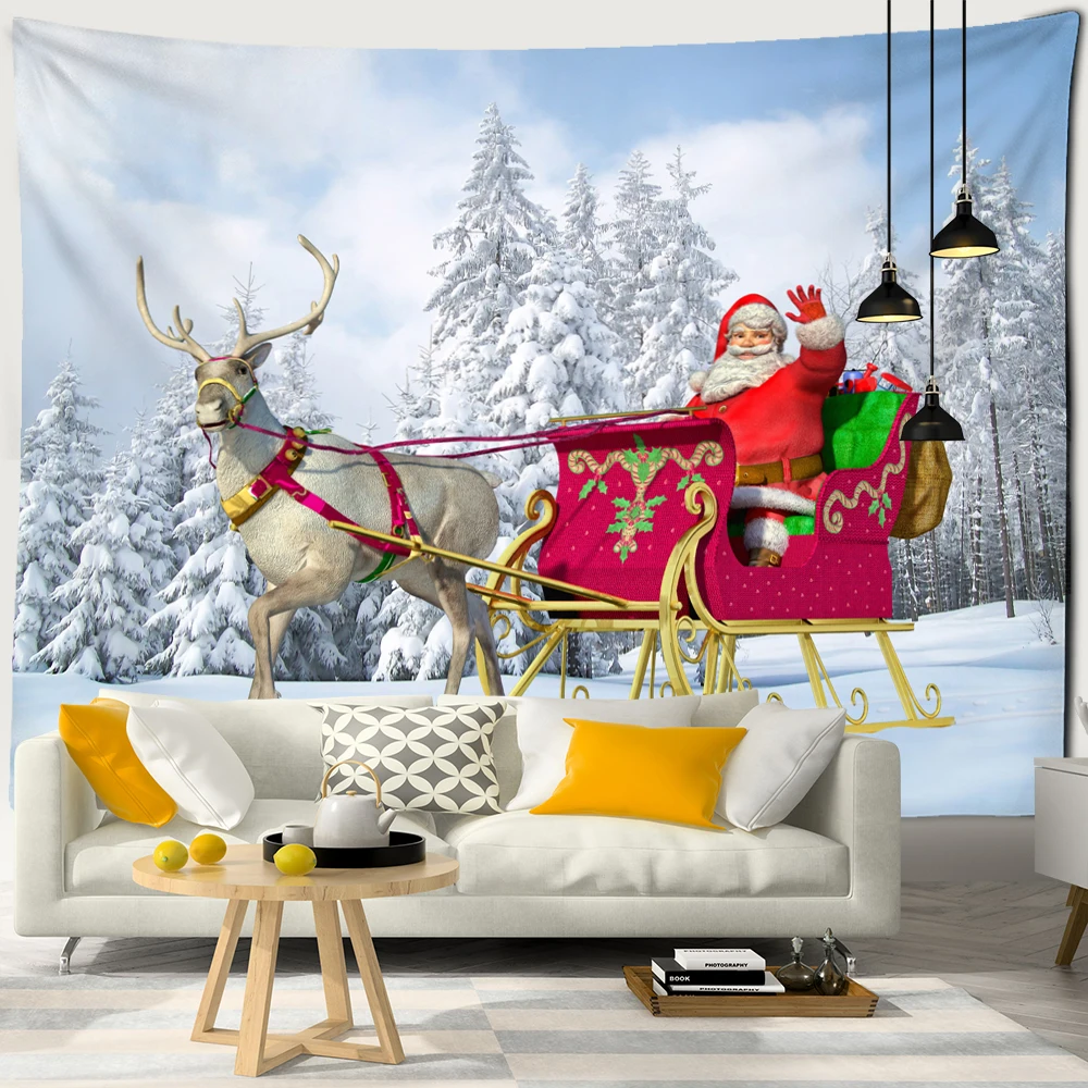 Santa Claus And Sleigh Tapestry Wall Hanging Cartoon Illustration Witchcraft Christmas Day Girl Dormitory Home Decor