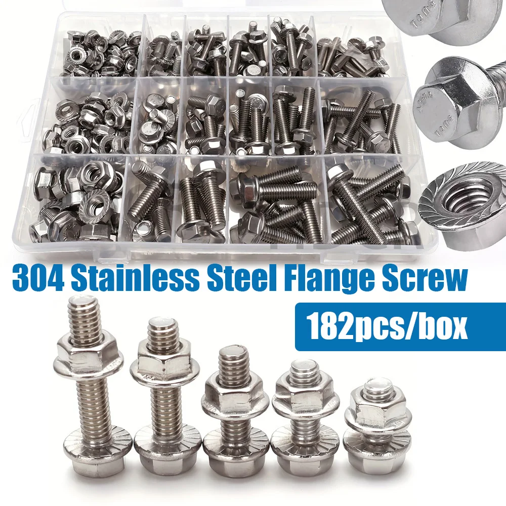 

182 pcs 304 stainless steel hexagonal flange bolt and nut set, sizes M5/M6/M8, lengths: 10mm,12mm,16mm,20mm,25mm,30mm,35mm