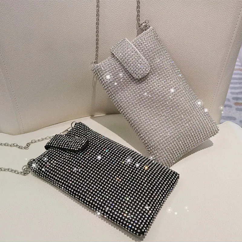 

Crystal Diamond Evening Handbag for Women Small Cell Phone Purse Wallet Ladies Metal Chain Crossbody Shoulder Messenger Bags