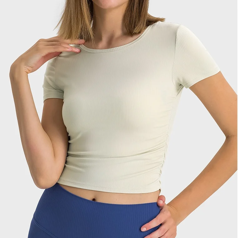 Women's Ribbed High-Stretch Slimming Yoga Top - Sporty Cropped Waist-Cinching Shirt with Subtle Ruched Design for Gym & Running