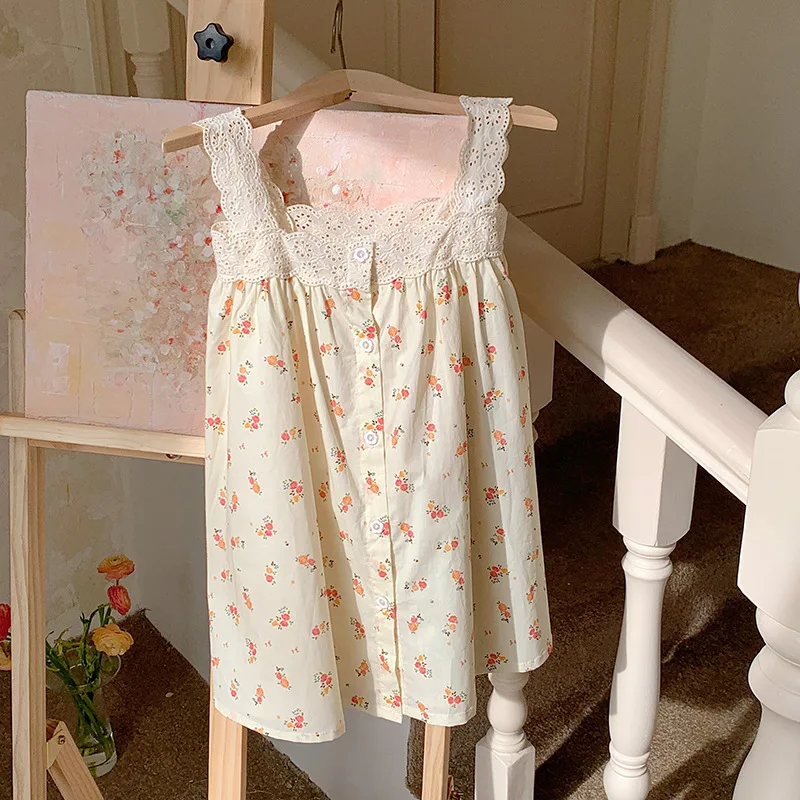 Children\'s Clothing Floral Lace Suspender Girl\'s Dress Summer Fashion Single Breasted Baby Girls Suspender Dress Princess Dress