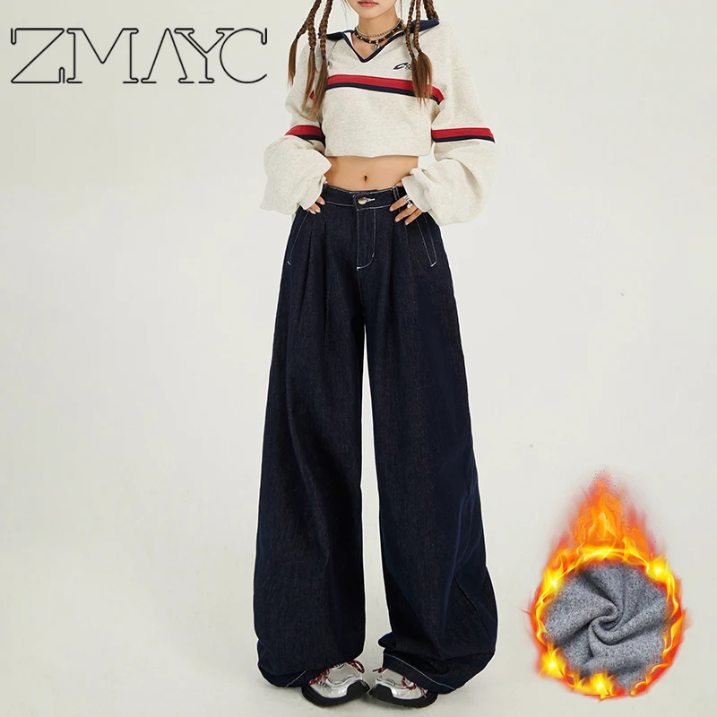 ZMAYC-pantalones vaqueros de pierna ancha de cintura alta para mujer, ropa de calle Retro, moda de otoño e invierno, pantalones de pierna recta gruesos cálidos que combinan con todo