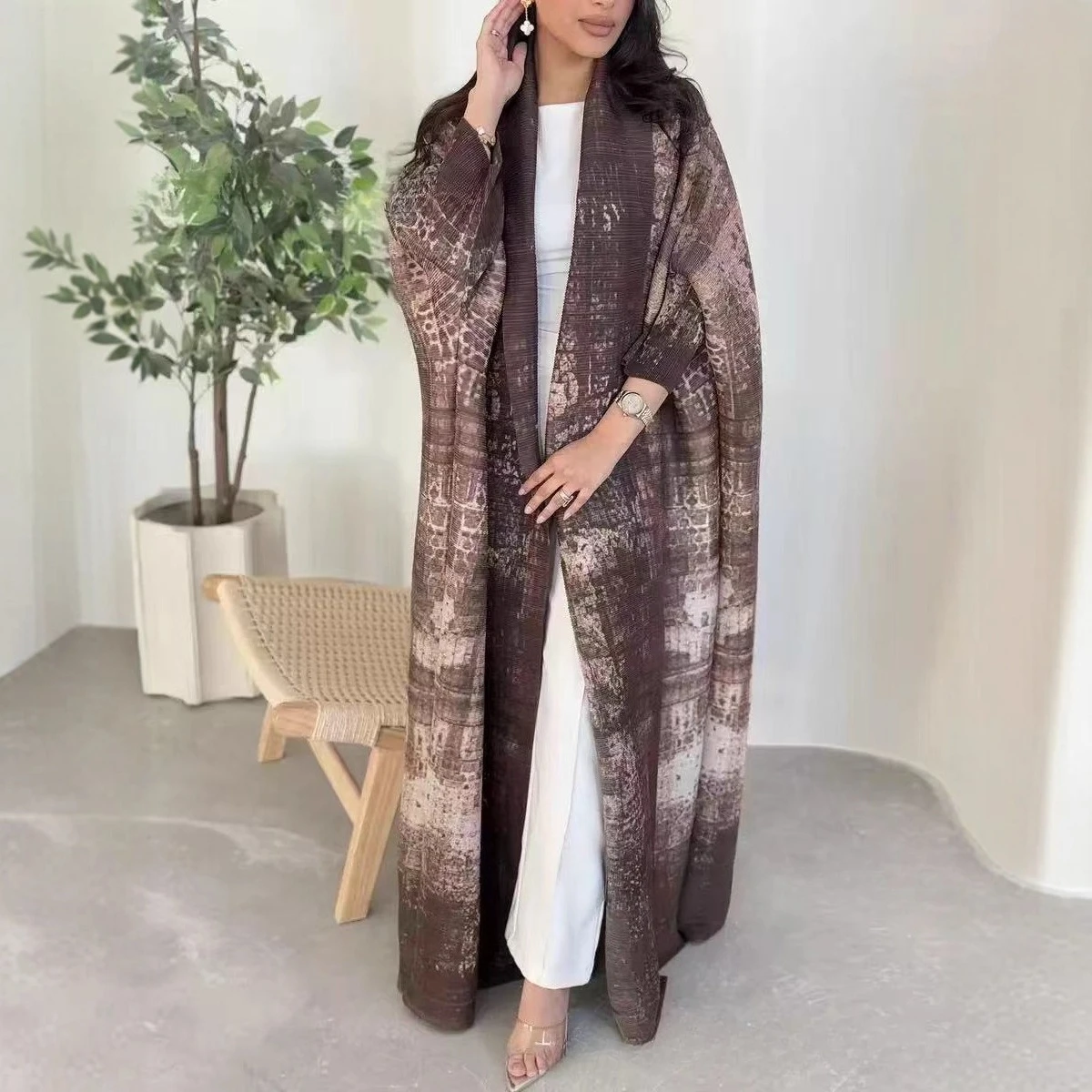 Miyake Fashion Printed Trench Coat Women's Premium Cardigan Waist Lapel Long Sleeve Cardigan Pleated Long Jacket