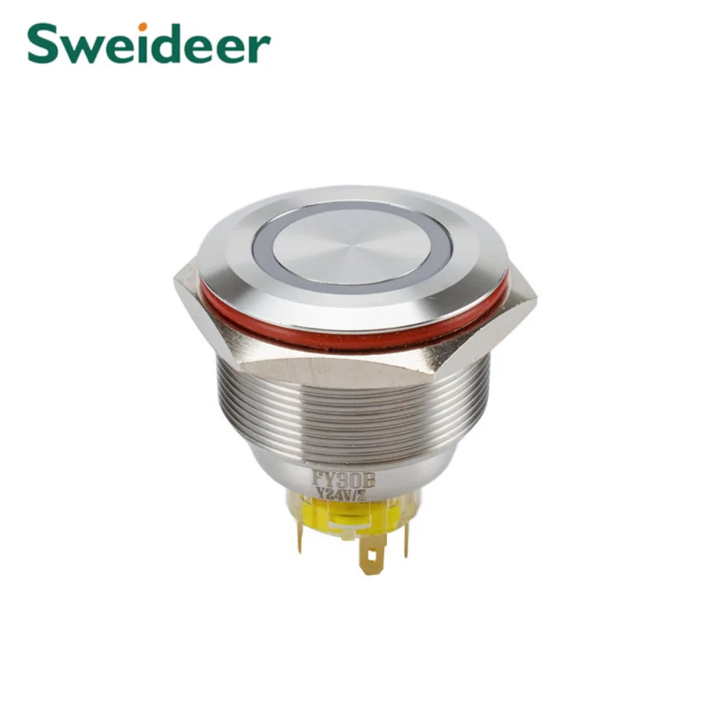 Interruptores de botón de Metal, símbolo de encendido, indicador LED impermeable, enclavamiento momentáneo, encendido y apagado, 25mM, 30mm