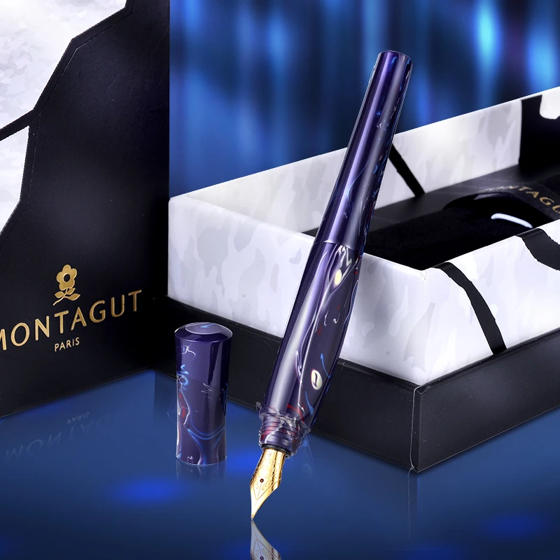 Montagut Hand Made Purple Lacquered Hard Rubber Fountain Pen F 0.5MM Nib,Beautiful Colors Blue Acrylic Resin Writing Gift Set