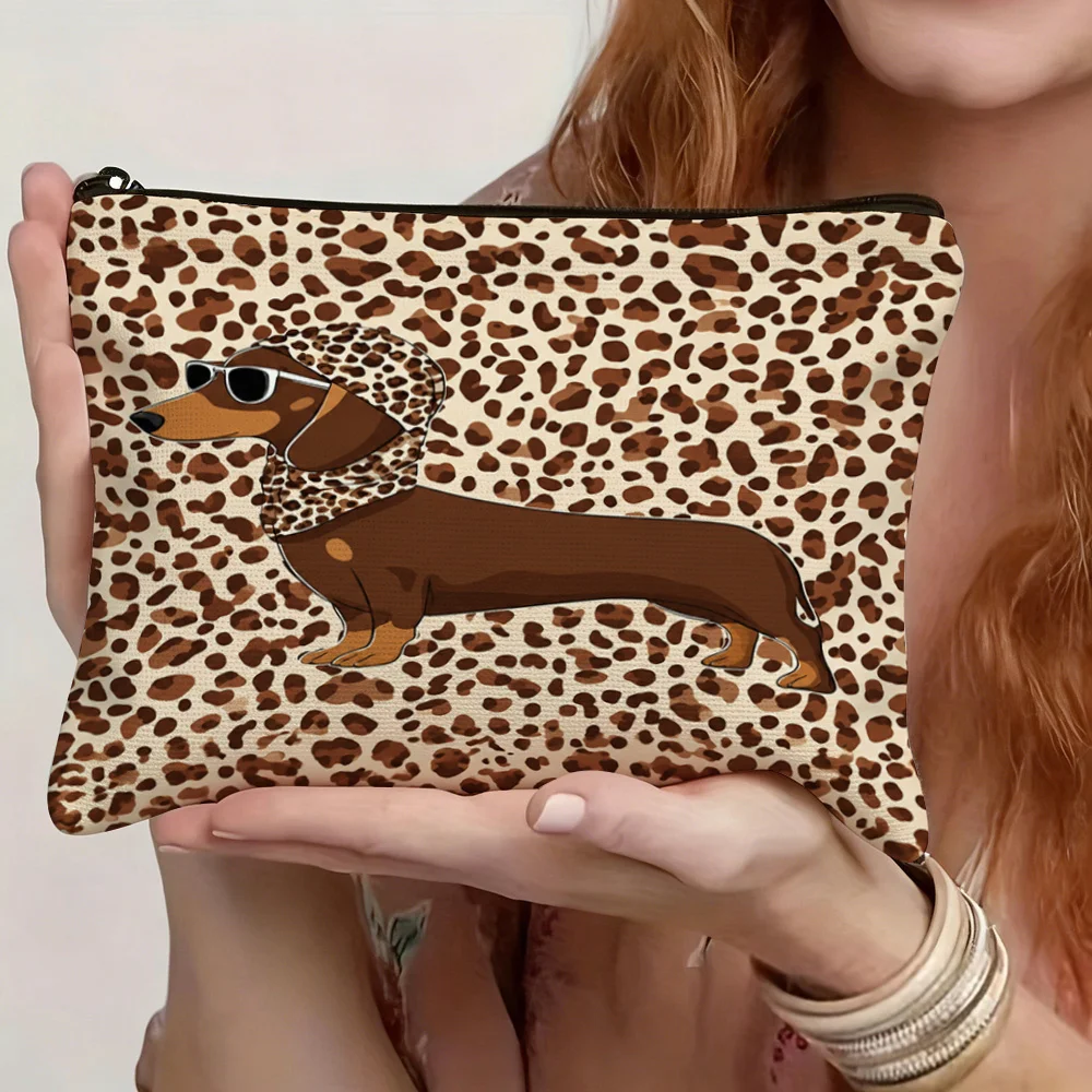 Leopard Print Dachshund Zipper Makeup Bag Cool Sunglasses Wiener Dog Pattern Cosmetic Pouch Portable Ladies Travel Storage Purse