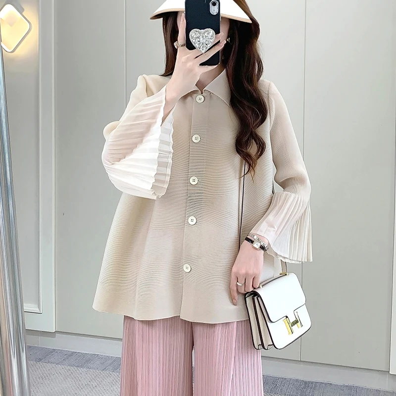 GGHK 2025 Spring New Women Shirt Solid Colour Retro Flared Sleeve Design Fashion Casual Female Top Loose Plus Size