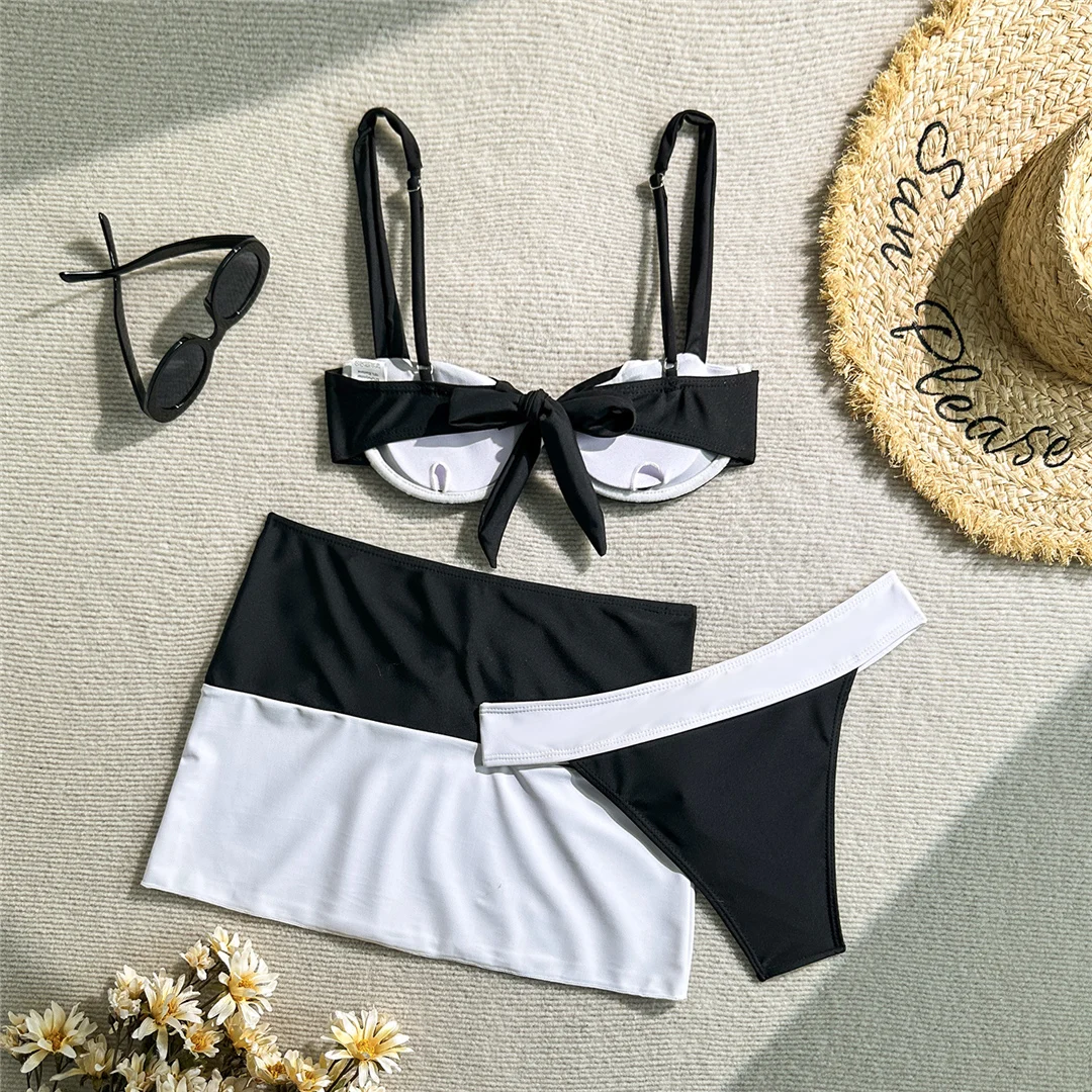 3-teiliges Bikini-Set mit Rock, Bügel-Bikini, Damen-Badeanzug, dreiteiliger Bikini, Damen-Bademode, Badeanzug, Schwimmanzug V7167 – Detail 8