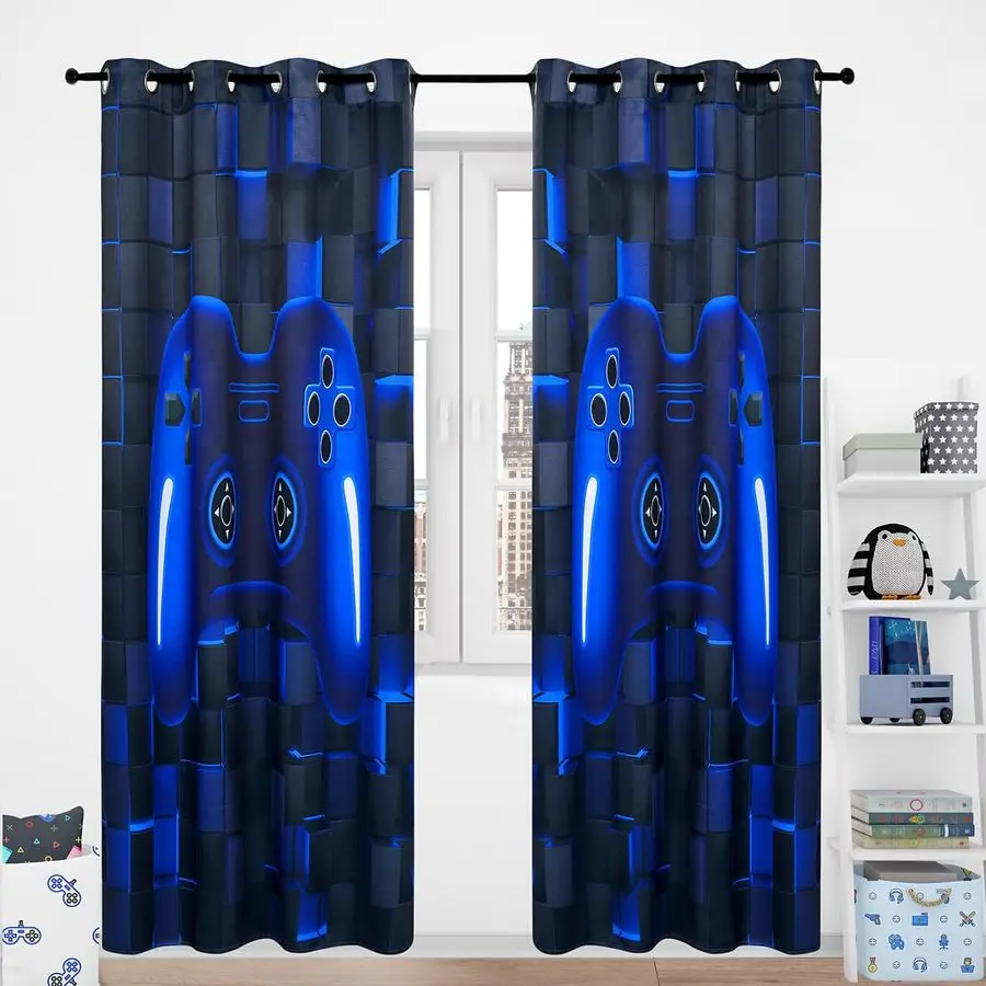

Gamer Kids Curtains for Bedroom 2 PanelsBlack Blue Video Game Console Blackout Cutain for Boys Teen Living Room Home Decor 3D Co