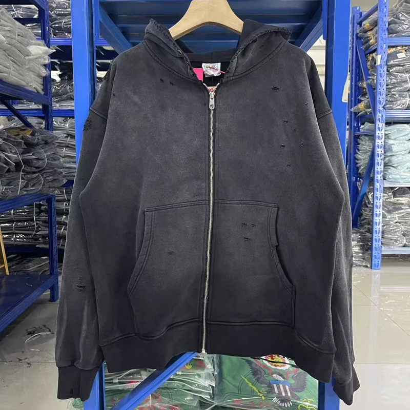 

Solid Color Saint Hole Damaged Zipper Hoodie Men Women Vintage Washed Do Old Loose Metal Ring Cap Pullovers Heay Fabric Clothes
