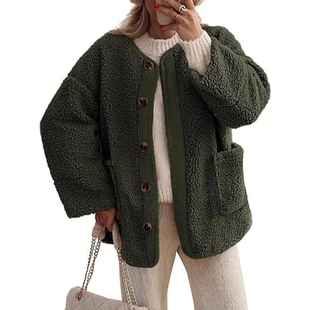 

New Autumn Winter Women's Collarless Casual Long Sleeve Button Plush Warm Coat Jacket Solid Color