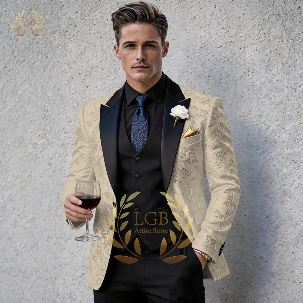 

Men's 3-Piece Elegant Jacquard Peak Lapel Formal Suit for Custom Weddings, Receptions & Cocktail Parties