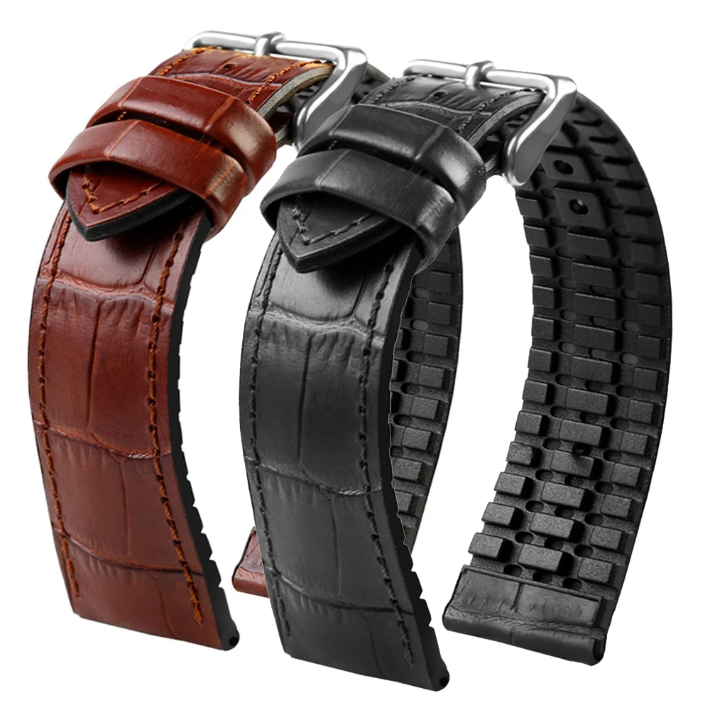 For IWC/Amani/seiko19mm 20mm 22mm Black brown Genuine Leather Rubber Watch Strap Men Waterproof Silicone Cowhide Band Bracele