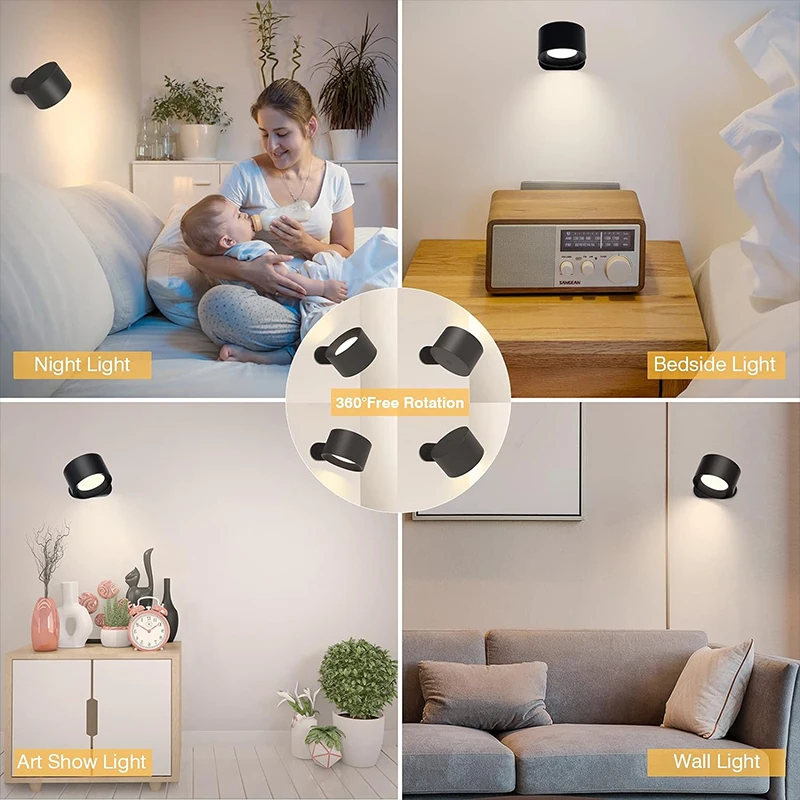 Lâmpada de parede LED com controle remoto, 360 ° rotativo, USB Recharge, sem fio, portátil, luz noturna para quarto, lâmpada de leitura