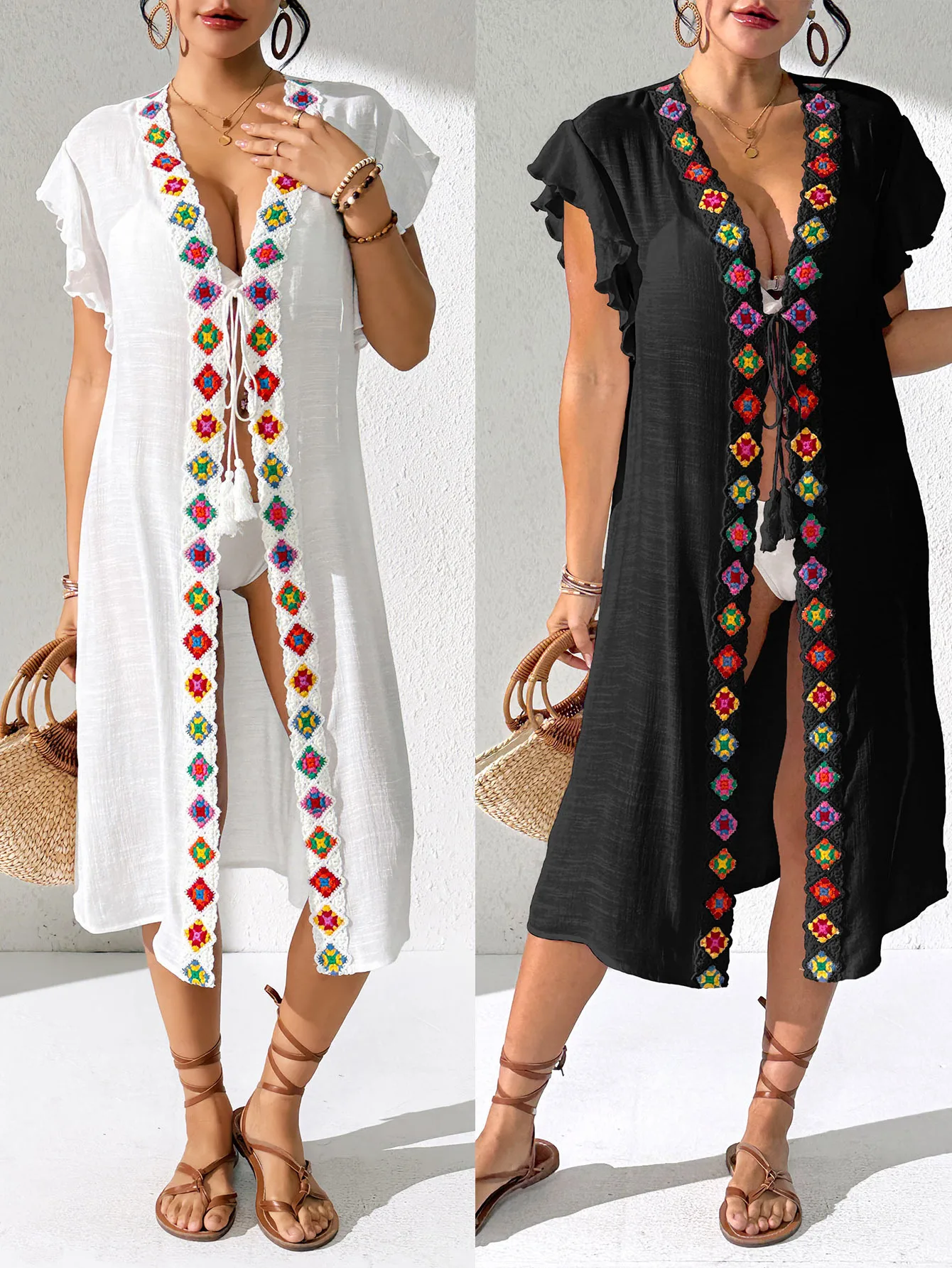 여성용 레이스 트림 비치 커버업 키모노 오픈 프론트 시스루 수영복 커버 보헤미안 스타일 여름 패션 비치웨어 드레스 2026