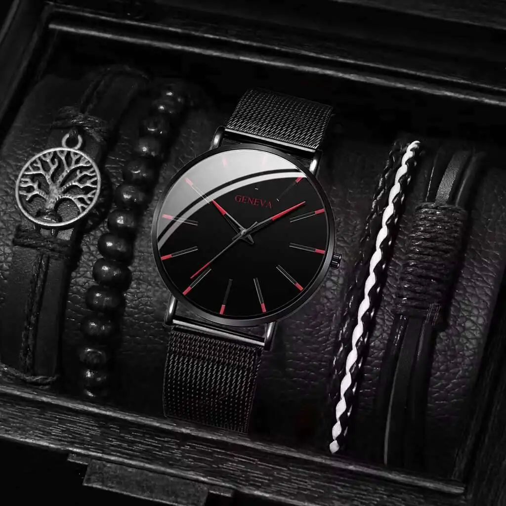 5 unids/set de relojes de lujo para Hombre, conjunto de pulseras de Reloj de cuarzo con banda de malla negra a la moda, Reloj para Hombre (sin caja)