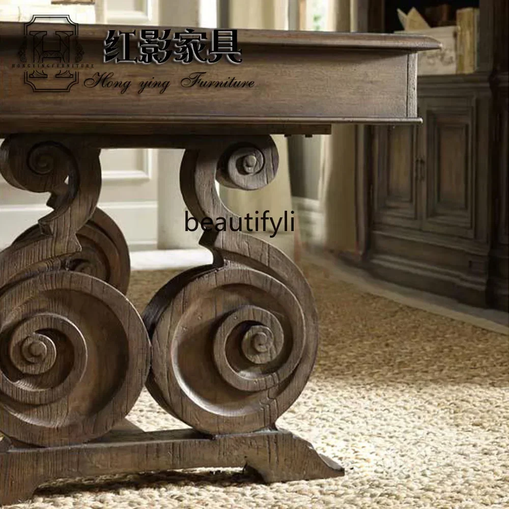 

ss7486 American solid wood carving flower desk and chair combination European antique old oak home office desk New Light Luxury