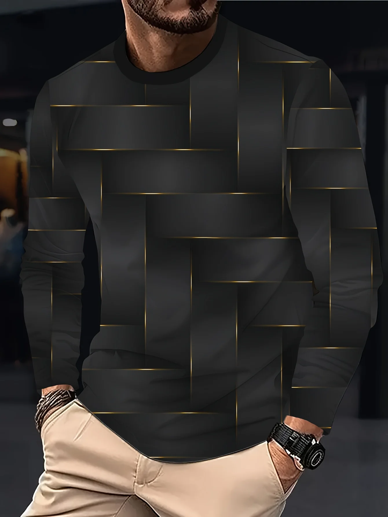 

Men's Casual Geometric Print Long Sleeve T-Shirt ，Stretch Comfort, Machine Washable, All-Season Versatile Top