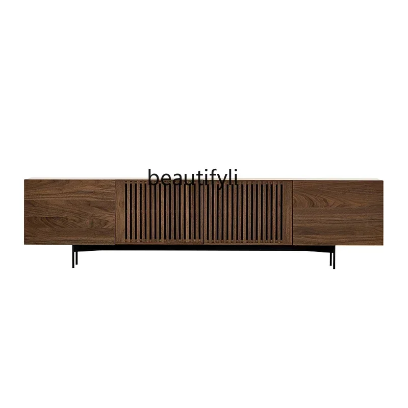 

Solid Wood TV Cabinet Black Walnut Light Luxury Living Room Nordic Log Floor Cabinet Combination