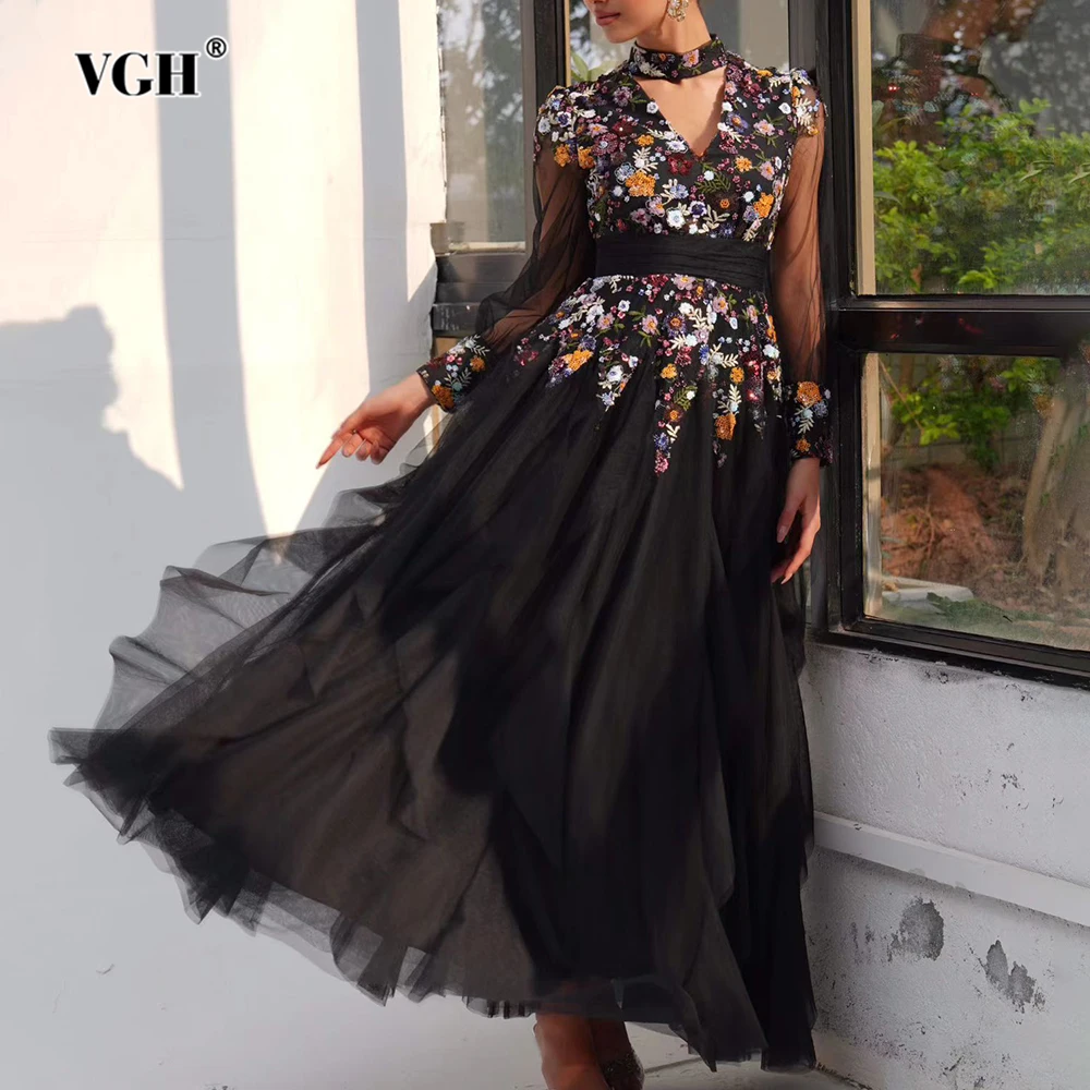 

VGH элегантное сетчатое платье с вышивкой для женщин, воротник-стойка, длинный рукав, высокая талия, лоскутные платья с аппликацией, женские платья