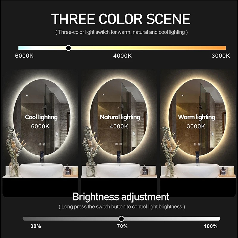 Oval Shape Smart Makeup Bathroom Mirror 3 Color Adjustable LED LIght Multifunction With Bluetooth Speaker Wall Mounted Mirror