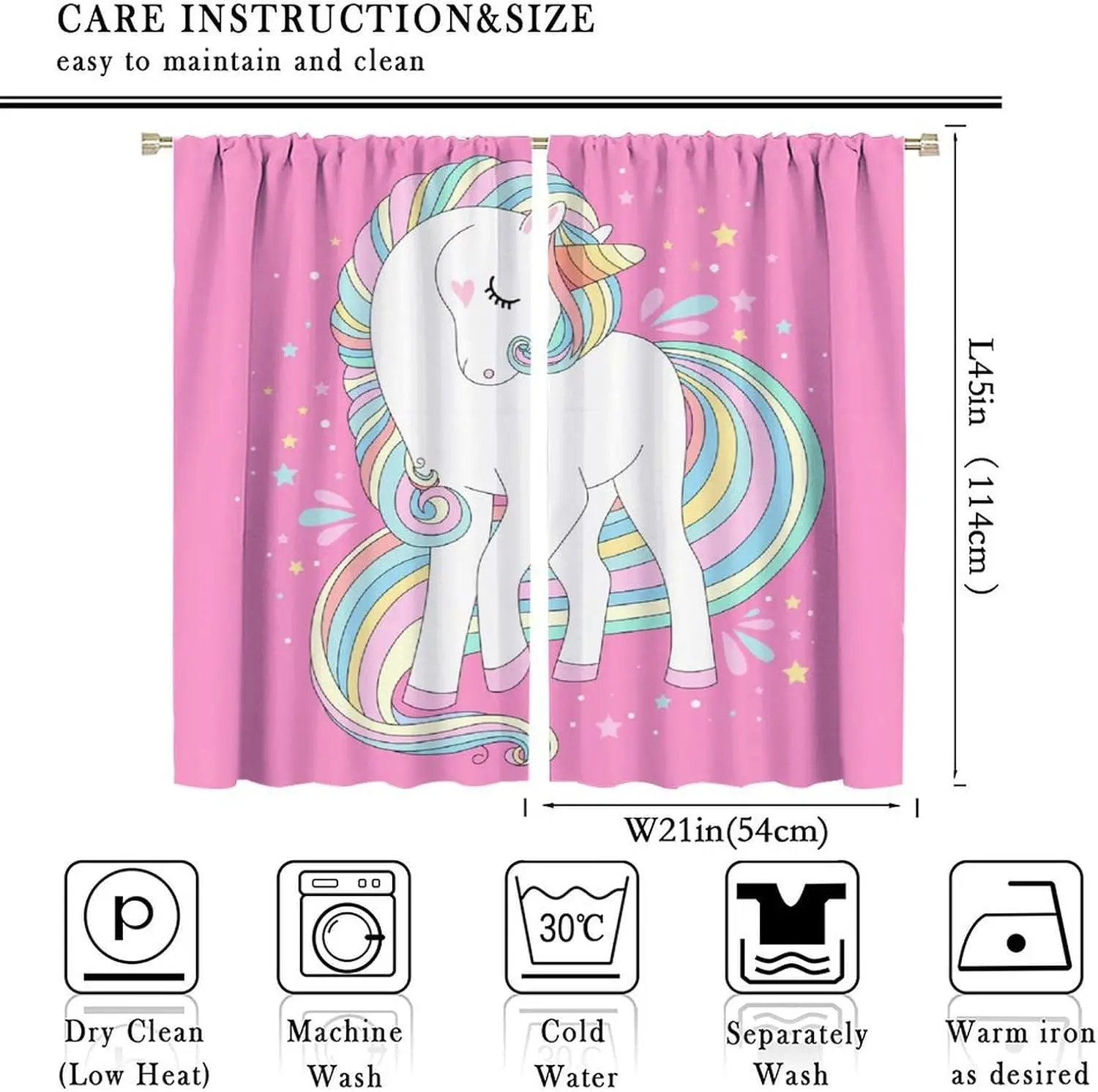 Cute Unicorn Blackout Curtain Hot Pink White Pony Rainbow Mane Tiny Star Rod Pocket Panels Lovely Toddler Girl Bedroom Decor