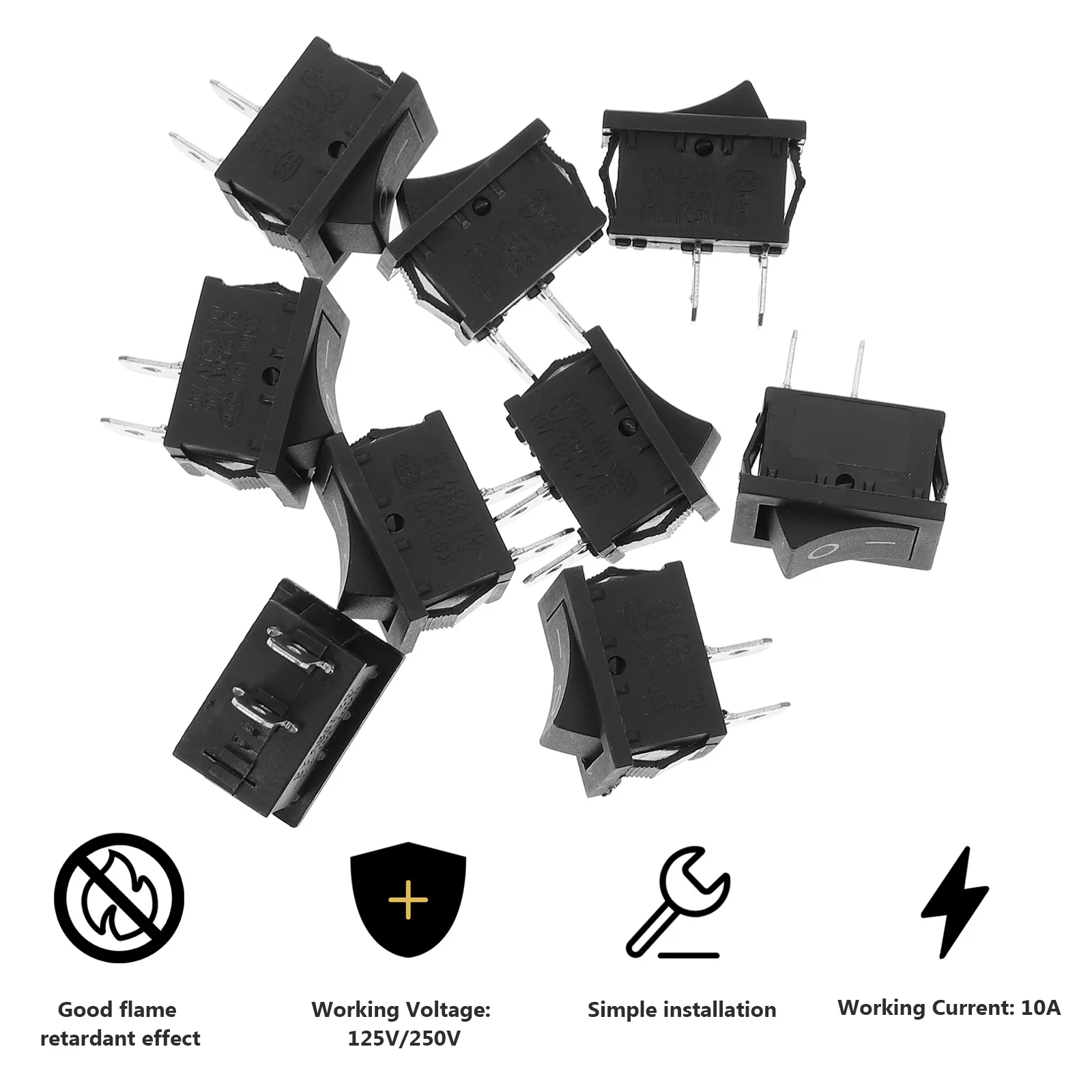 

10pcs 2Pin Boat Rocker Switch Black 2.1X1.5X1.5Cm Toggle On/Off For Led Strips Bulbs Student Project Push Button
