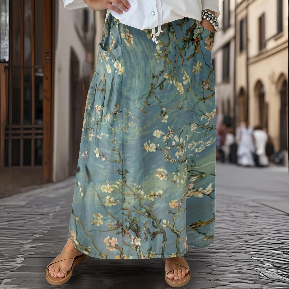 Elegante harajuku flor de ameixa & borboleta maxi saia vintage cordão cintura & bolsos laterais boho solto ajuste saia verão