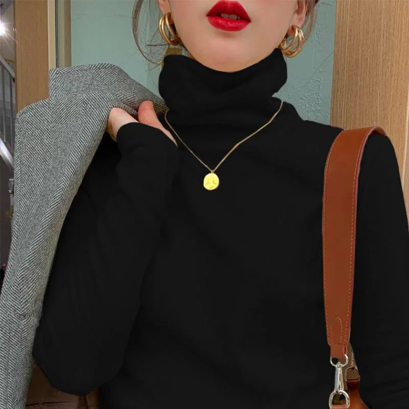 Women's High Collar Double Sided Fleece Brushed Base Shirt Korean Style Winter Warm Top Long Sleeve Slim Fit Commute Fashion