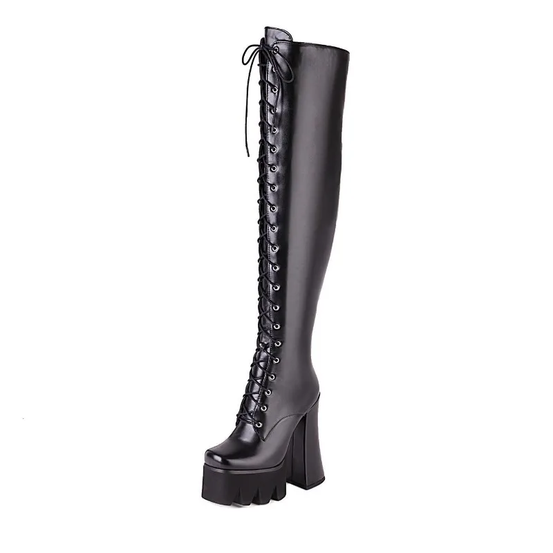 Knee-High Boots Winter Leather Platform Round Head Handmade 15CM Square Heel Lace Up Zipper Solid Color Women's Boots