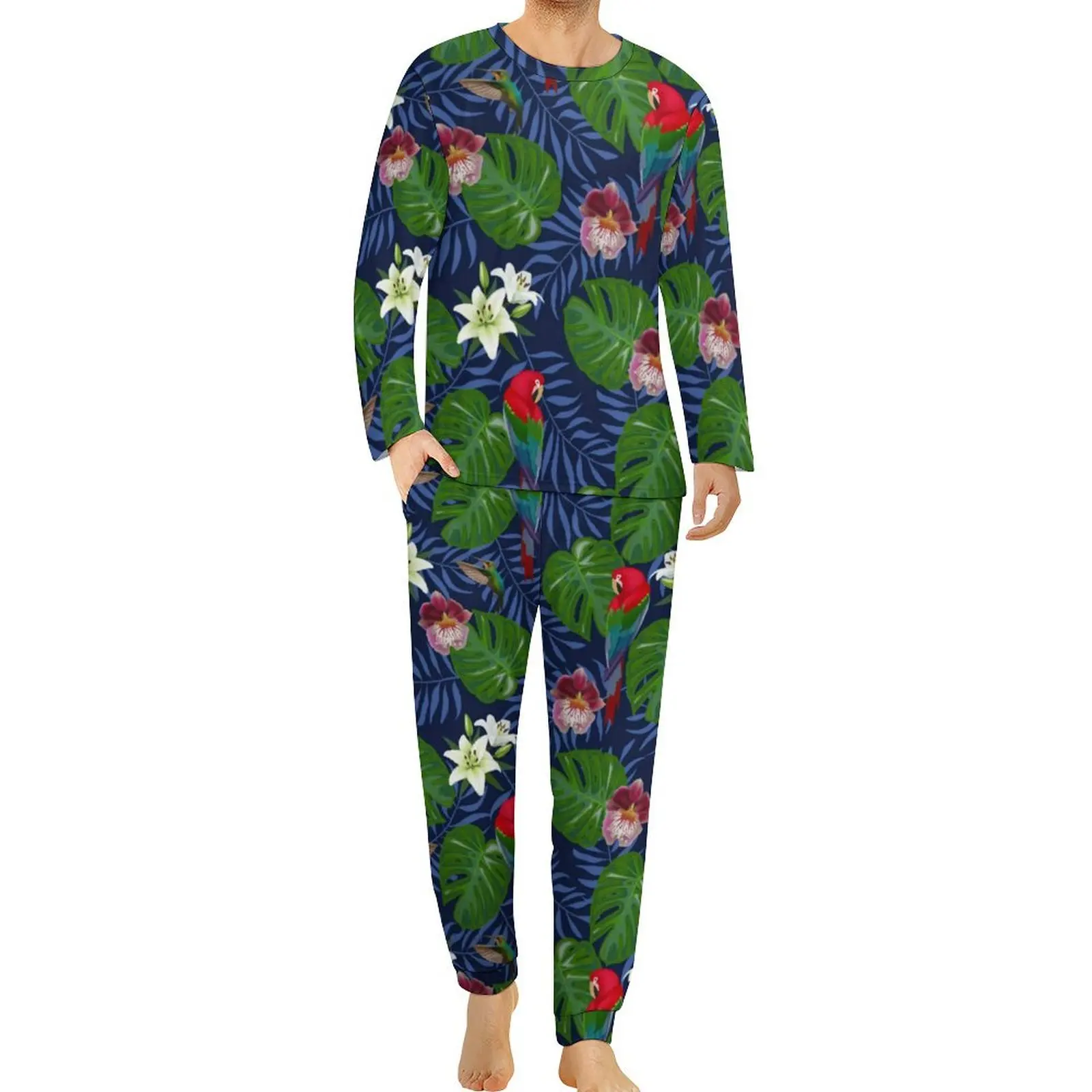 

Tropical Palm Pajamas Autumn 2 Piece Red Macaws Warm Pajama Sets Male Long-Sleeve Casual Pattern Sleepwear Large Size