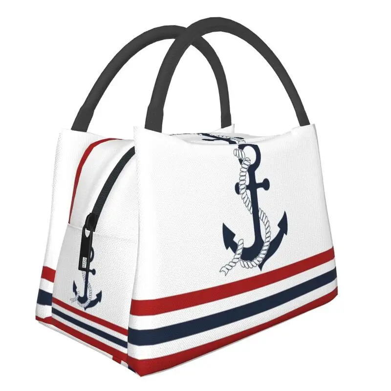 Custom Nautical Blue Anchors With Stripes Insulated Lunch Bag Office Sailing Sailor Portable Thermal Cooler Lunch Box Women