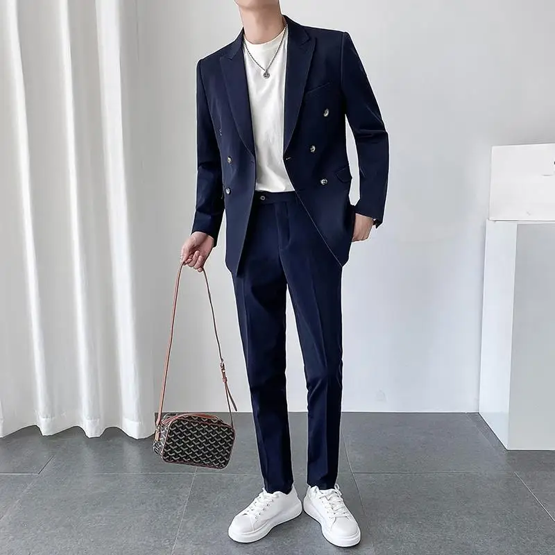 

2022 Men Double Breasted Two Piece Suit Coat Set Slim Fashion New Business Casual Jacket Korea Style Blazers Pants H219