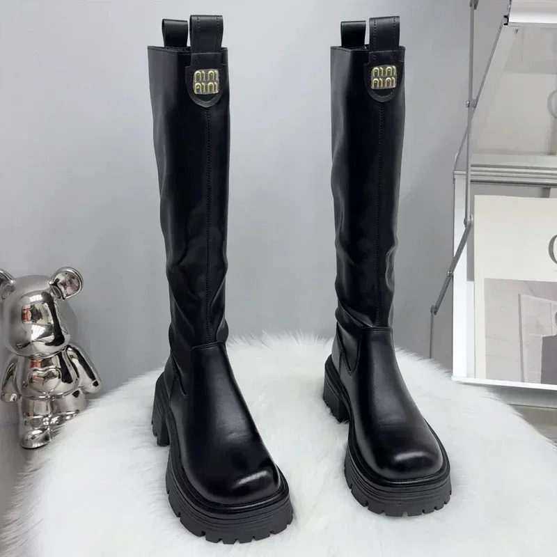 Women Knee High Snow Boots Platform High Heels Shoes 2025 Brand Chelsea Goth Boots Women Chunky Pumps Winter Leather Gladiator