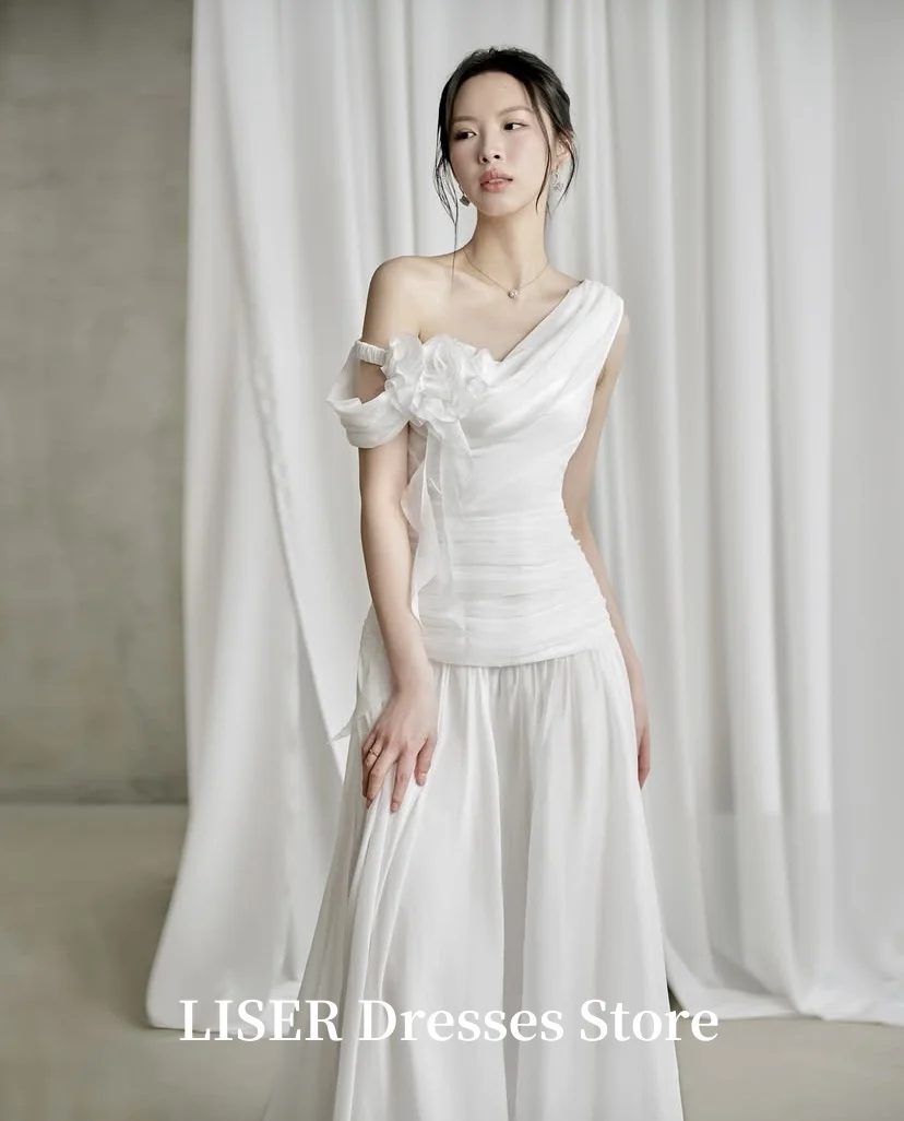 Liser واحد الكتف ألف خط كوريا فساتين الزفاف الحرير الشيفون قبالة الكتف أنيقة زي العرائس صورة تبادل لاطلاق النار Malam Dersريس تخصيص