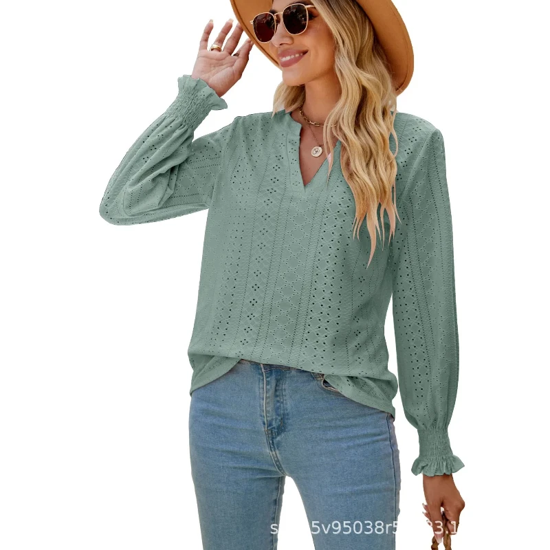 New Solid Color Hollow Pleated Lotus Leaf Sleeves V-neck Loose Long Sleeved Top