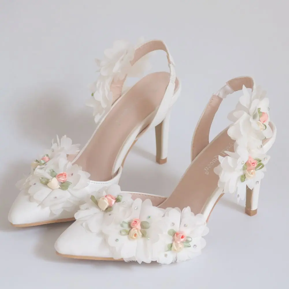 Summer Sexy High Heels Women Sandals Pumps Party Lace Flower PU 9CM Thin Heels Party Prom Shoes Dress Woman Shoes White image 5