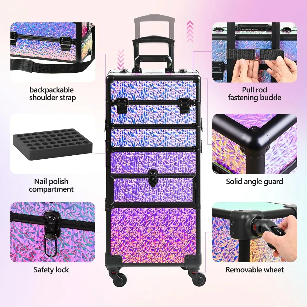 Rolling Makeup Train Case with Drawers, Portable Cosmetic Organizer on Wheels, Professional for Salon, Barber, Nail, Tattoo, Black view 5