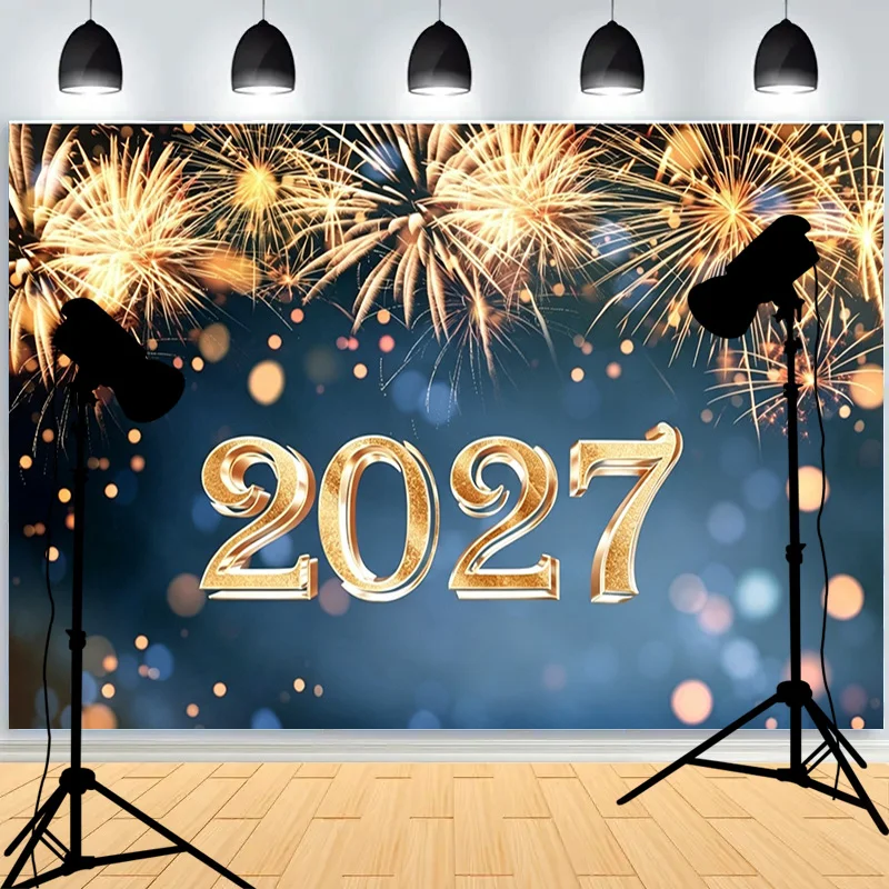 Happy New Year For 2027 Party Backdrop Clocks Champagne Gold Balloons Home Party Decoration Photography Background