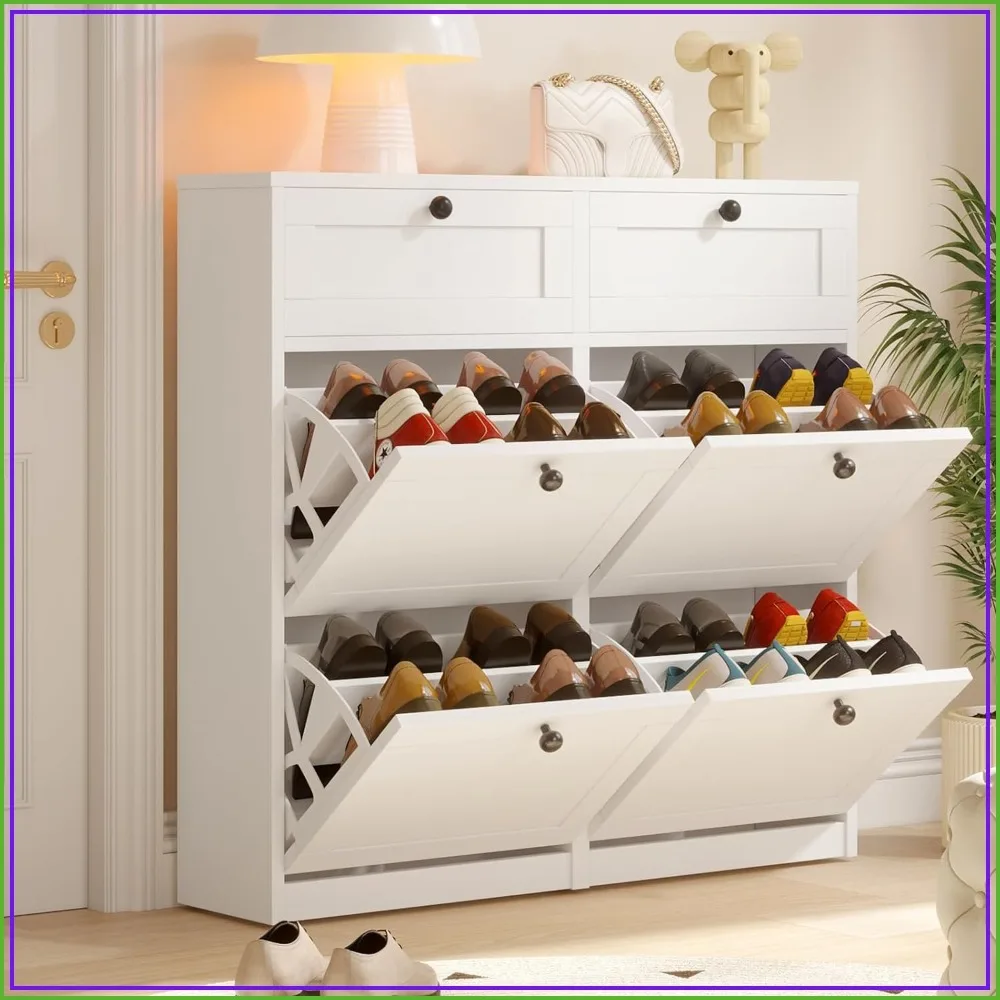 Shoe Cabinet with 4 Flip Drawers & 2 Drawers, Freestanding Storage with Adjustable Shelves, White