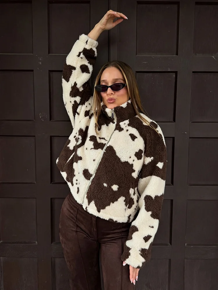 Vintage Thick Cow Print Teddy Jacket Lady High Stand Collar Zipper Warm Fleece Long Sleeve Coat Streetwear Fall Winter Outerwear