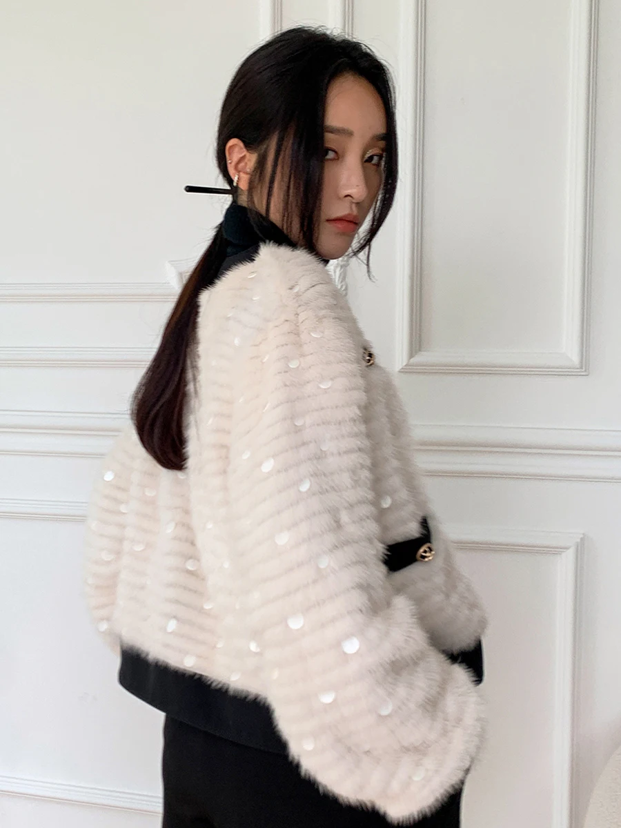 HDHOHR 2024 High Quality Knitted Mink Fur Coats Fashion Natural Mink Fur Jackets Sequin Decoration Winter Female Fur Parkers