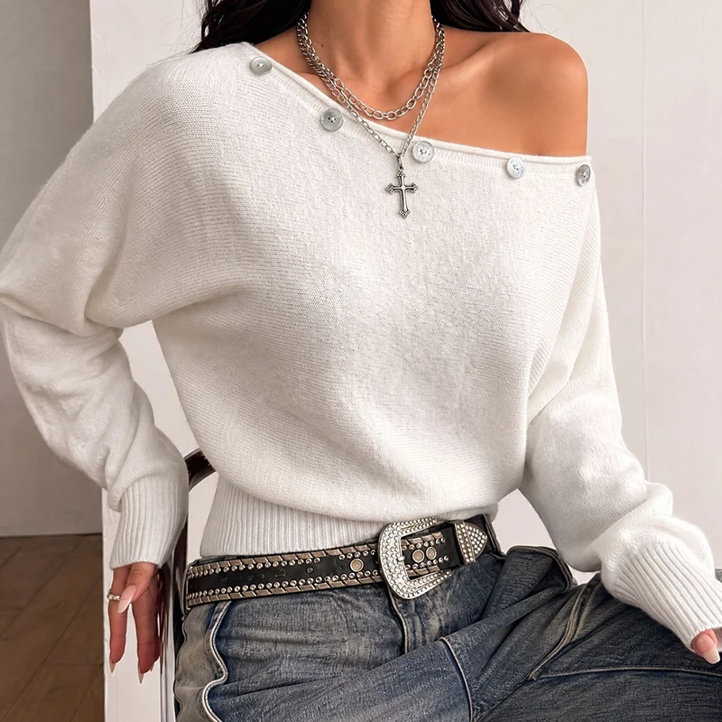 Streetwear Off Shoulder Knitted Sweaters Women Trend Buttons Long Sleeve Cropped Sweaters Woman Korean Solid Color Loose Jumpers